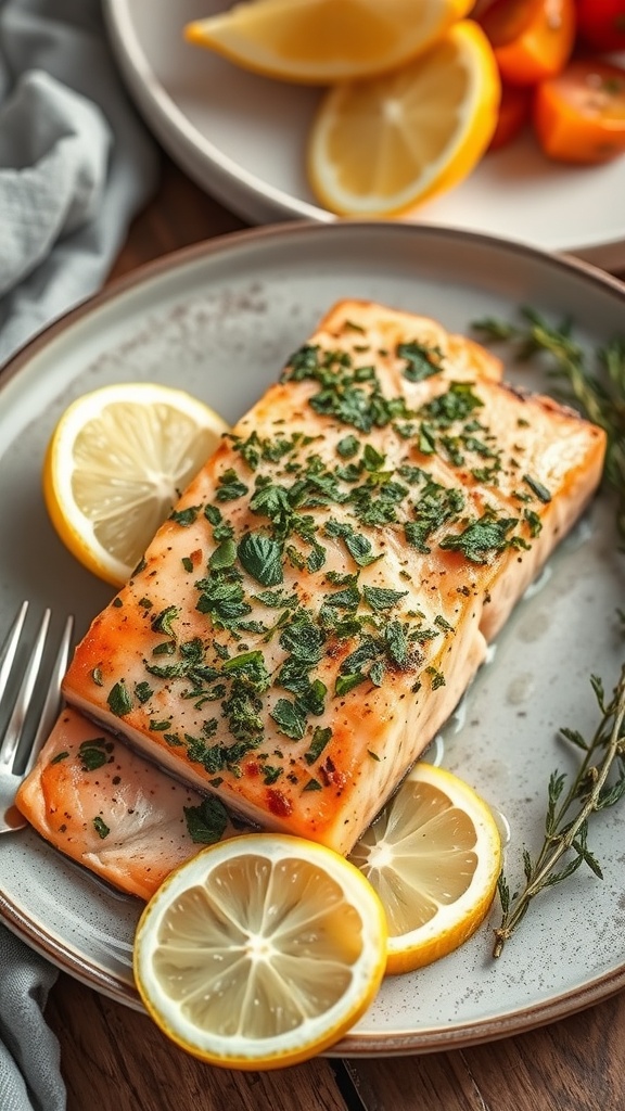 A plate of herb-crusted grilled salmon garnished with lemon slices, showcasing a delicious summer seafood dish.