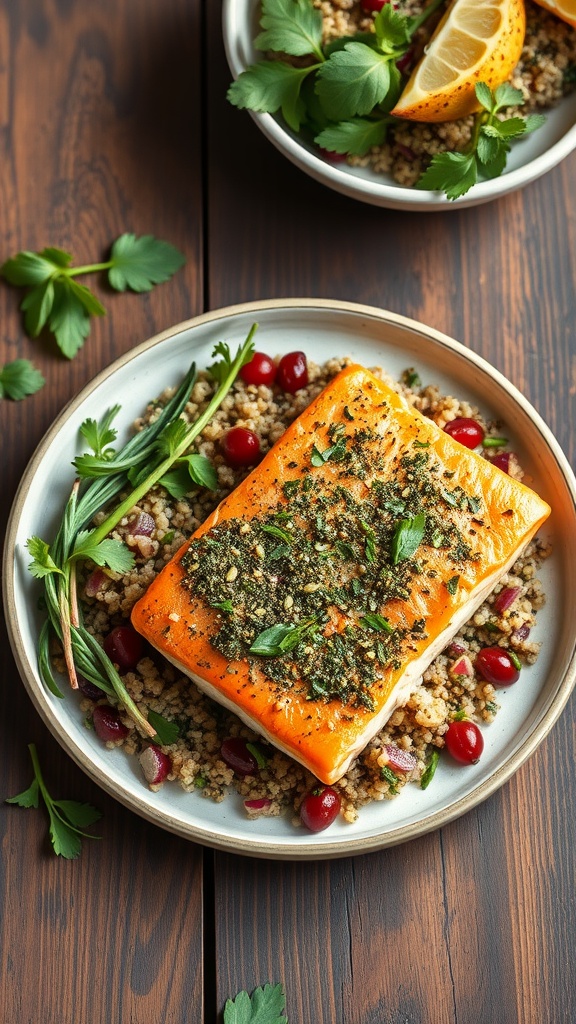 Herb-Crusted Salmon with Quinoa Salad on a wooden table