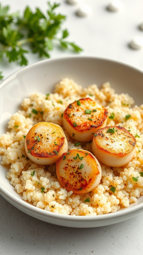 A plate of herb-crusted scallops served on a bed of couscous garnished with parsley.