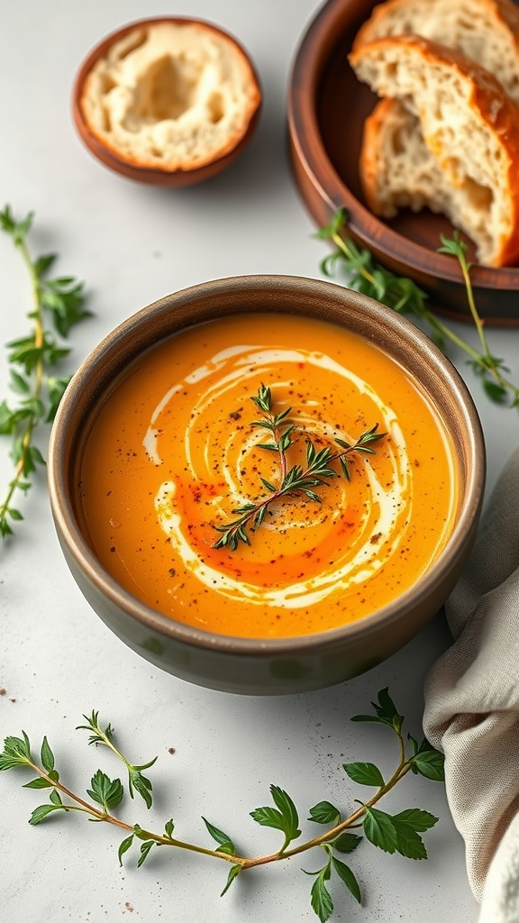 A bowl of herb-infused lobster bisque garnished with herbs.
