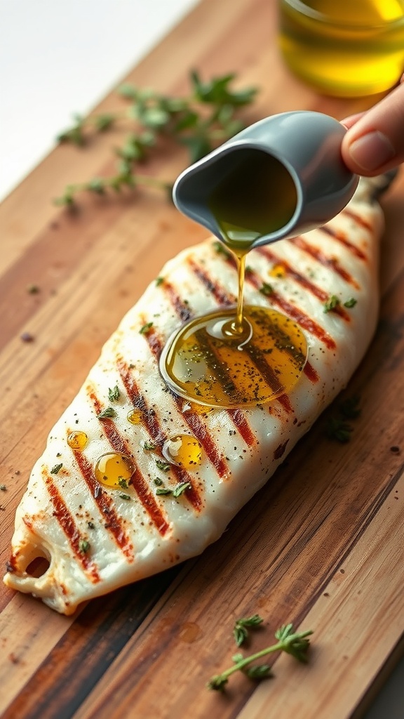A drizzle of herb-infused olive oil being poured over grilled sea bass.