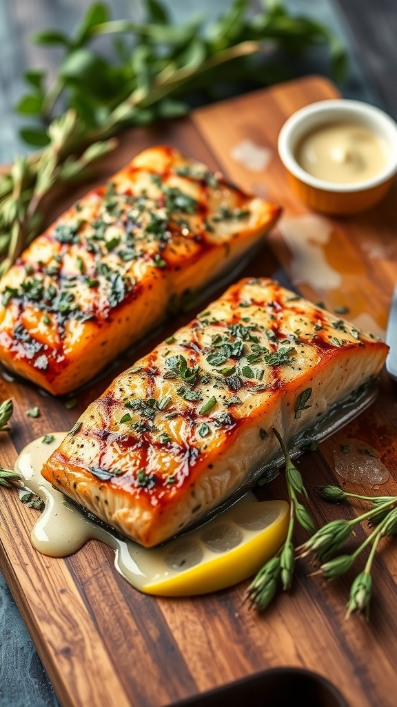 Grilled salmon steaks with herbs and Dijon mustard on a wooden cutting board