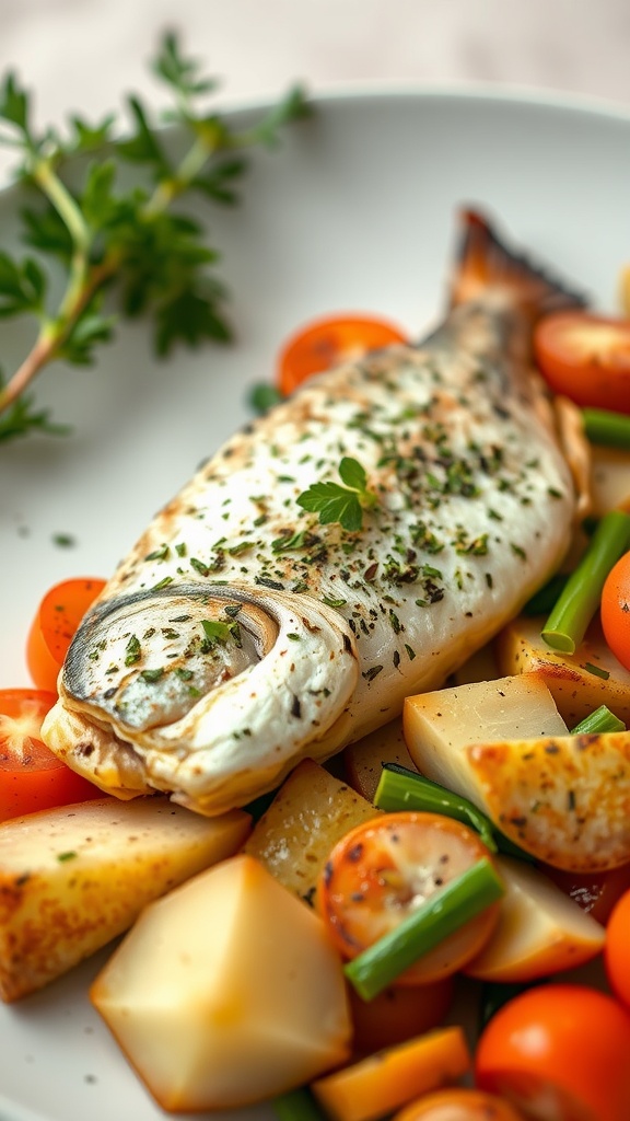 A plate of herbed fish and seasonal vegetables, showcasing a healthy summer meal.