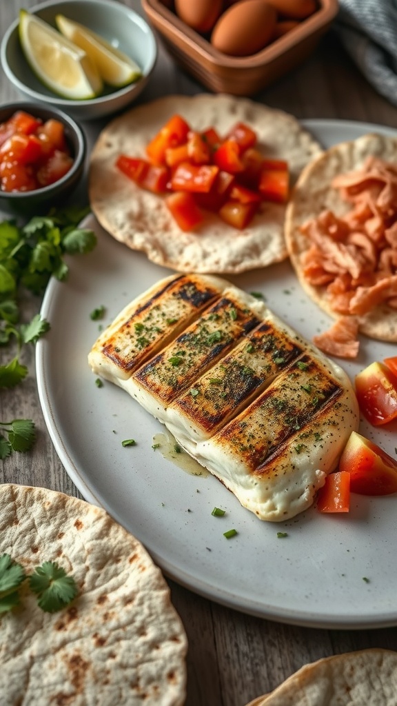 Grilled tilapia fillets served with tortillas and toppings