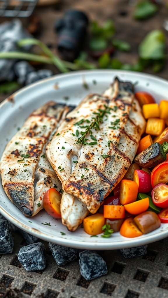 Grilled catfish with herbs and colorful vegetables
