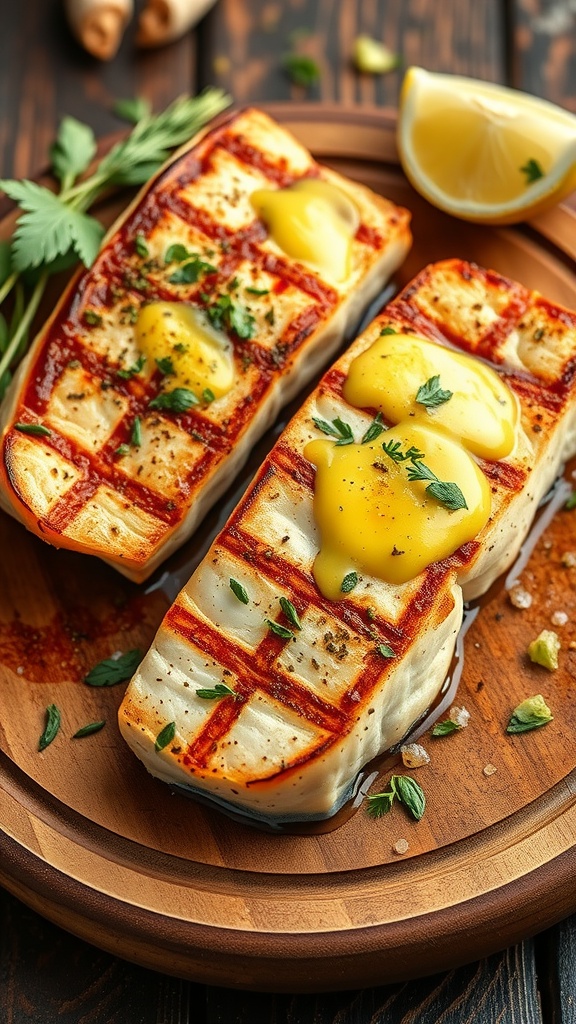 Grilled catfish fillets with herbs and garlic on a wooden plate