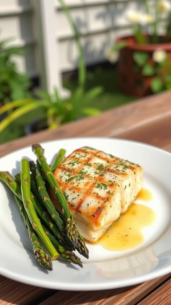 Grilled cod fillet with asparagus on a plate