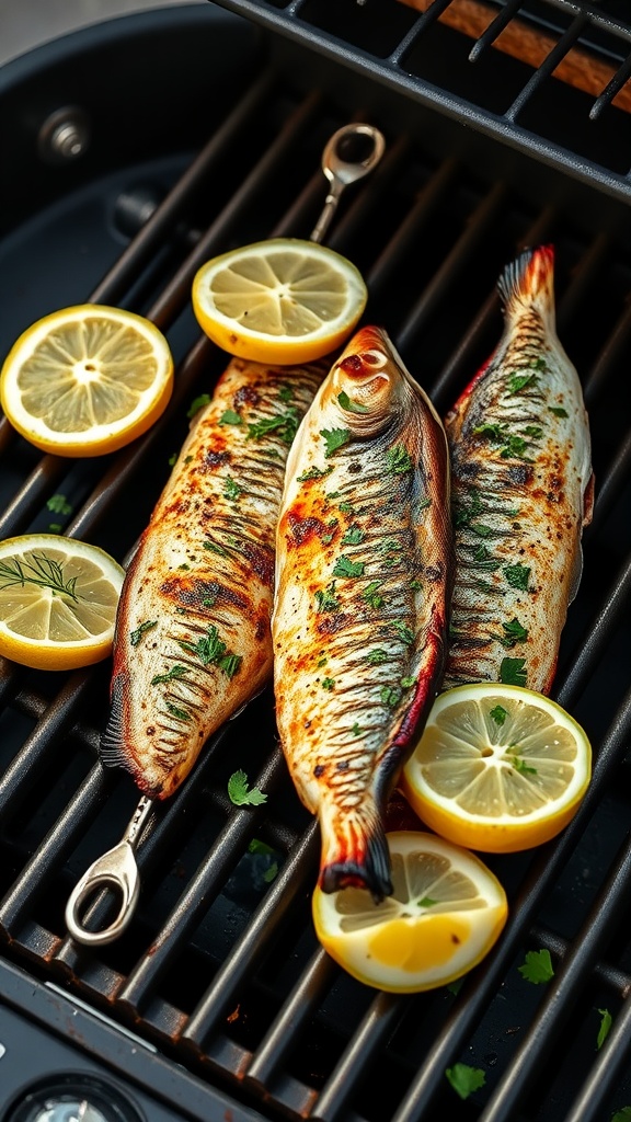 Grilled Dorado fish skewers with lemon and herbs on a grill