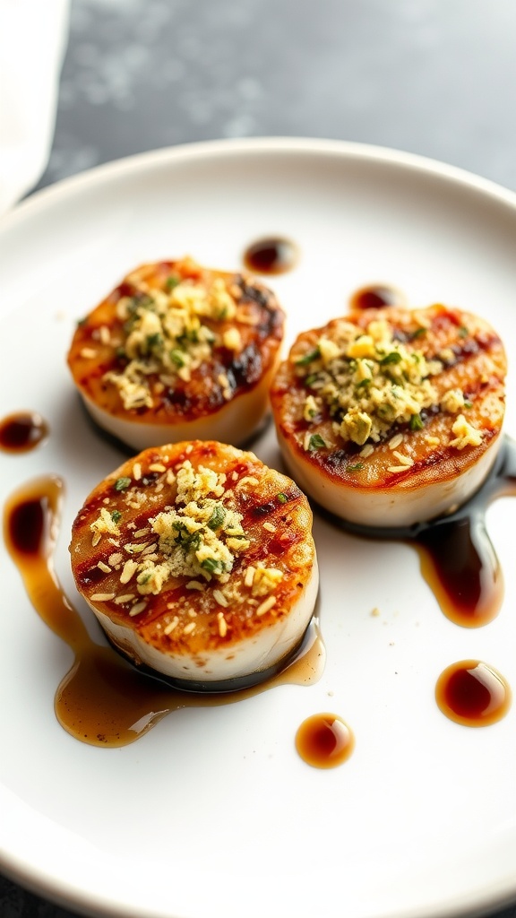 Deliciously grilled herbed Parmesan crusted scallops garnished with herbs on a plate.