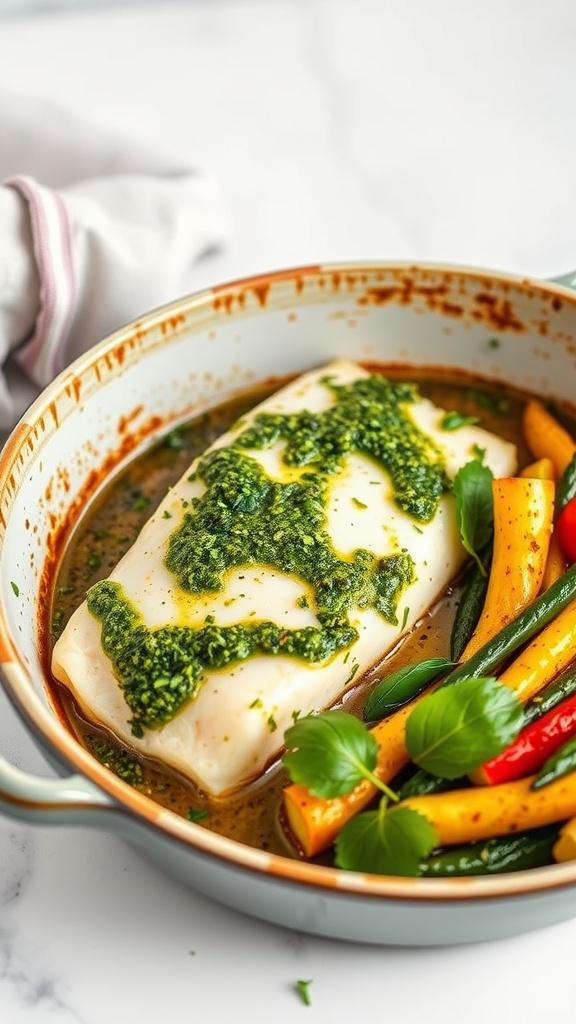 A delicious dish of Herbed Pesto Halibut Bake with vibrant colors.
