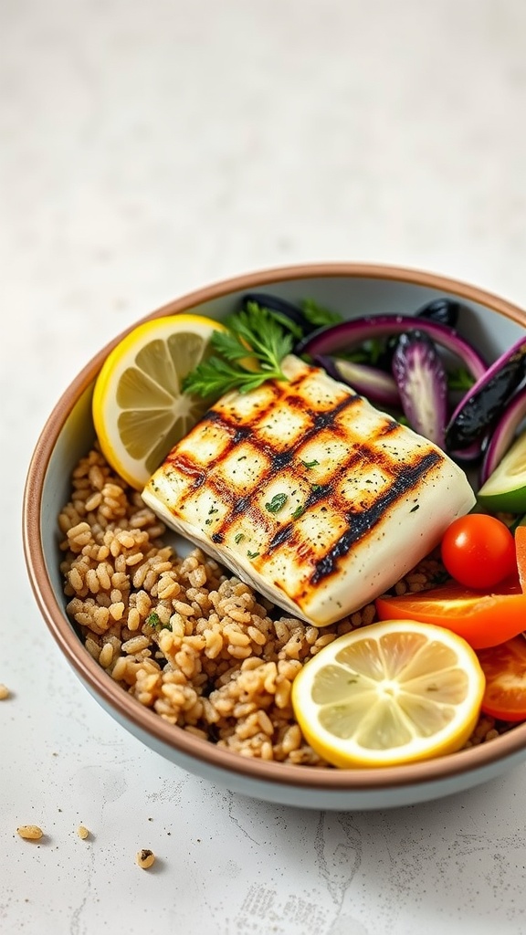 A bowl featuring grilled halibut, herbed quinoa, and colorful vegetables like cherry tomatoes and bell peppers.