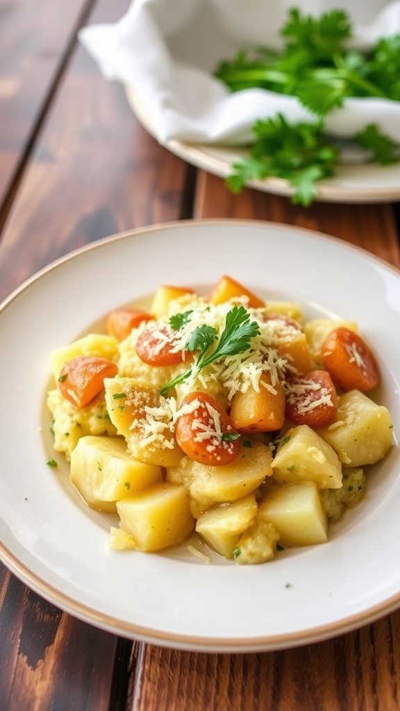 Herbed scalloped potatoes with Parmesan in a bowl, garnished with fresh herbs.