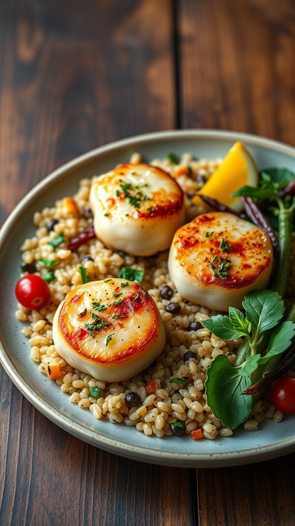 Plate of herbed scallops on quinoa with fresh herbs and lemon