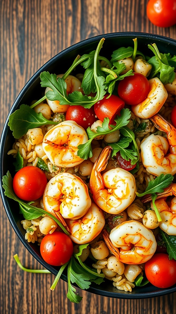 A bowl of Herbed Shrimp and Orzo Salad with fresh vegetables.