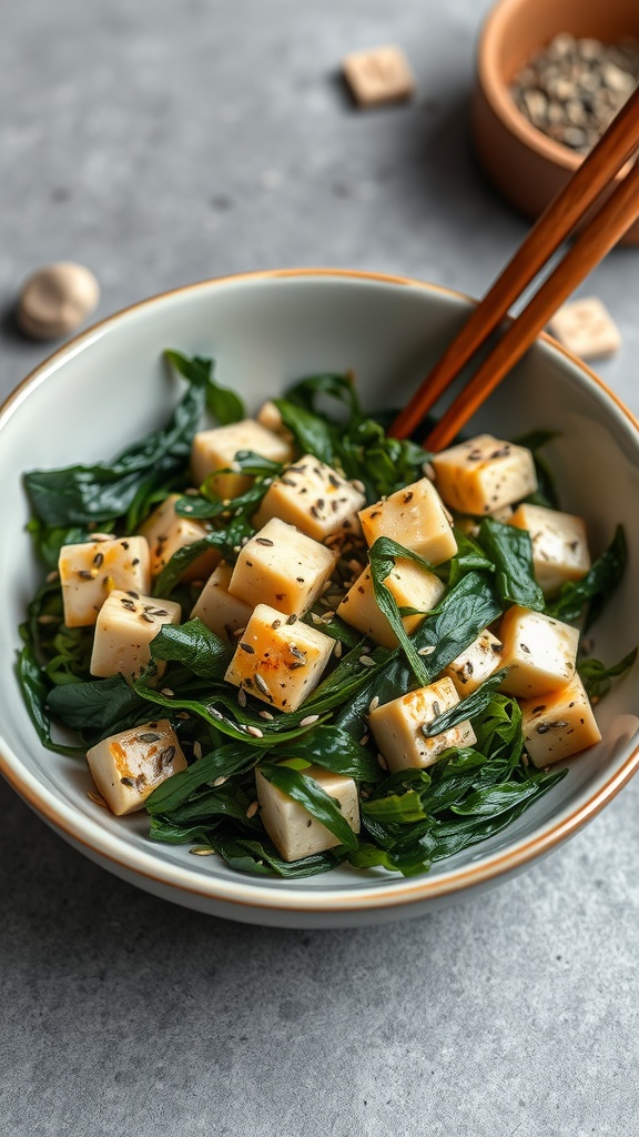 A bowl of herbed tofu and seaweed salad with green leaves and cubed tofu.