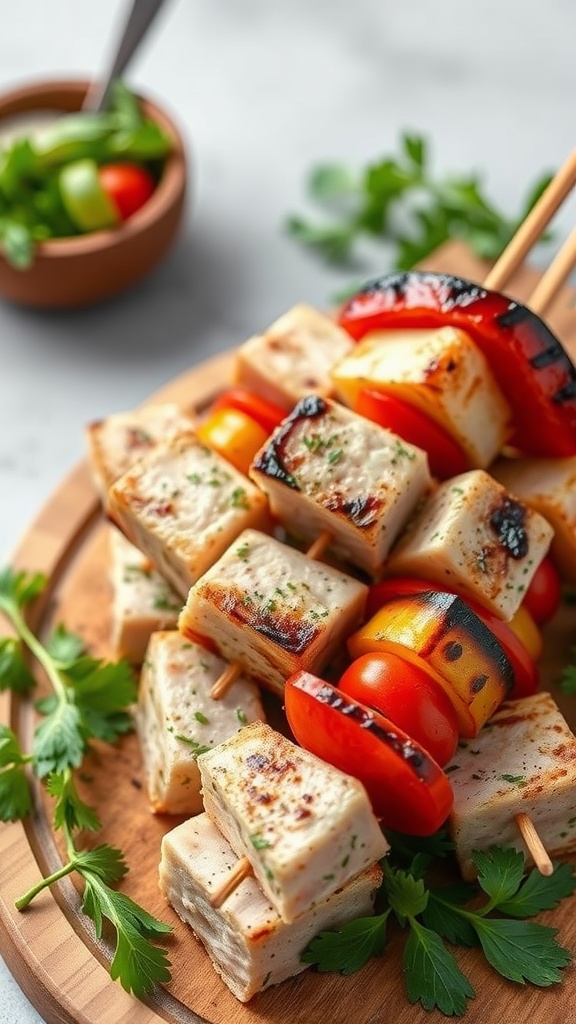 Herbed tuna kebabs with grilled vegetables on a wooden platter.