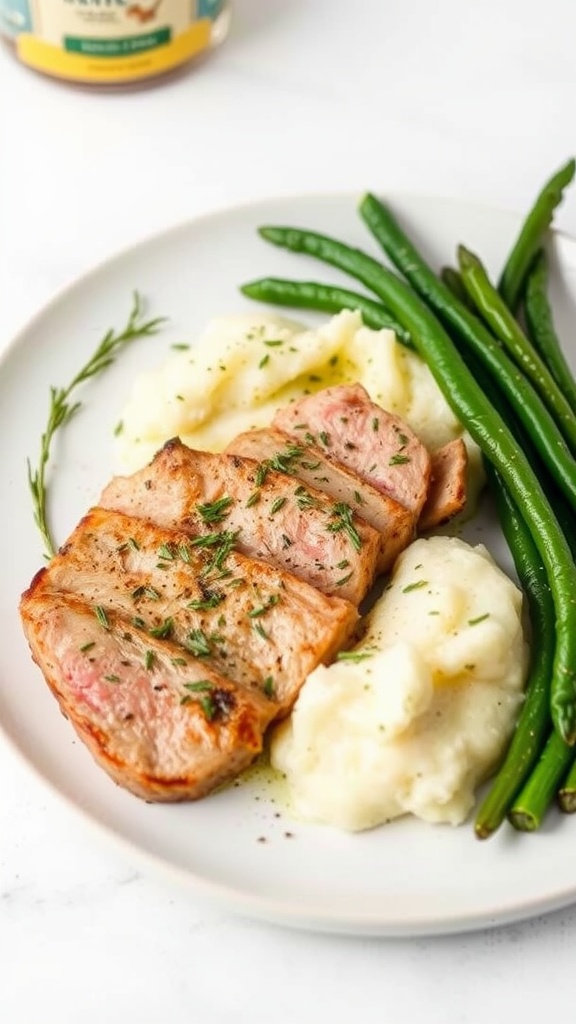 A plate with herbed tuna steak, garlic mashed potatoes, and green beans.