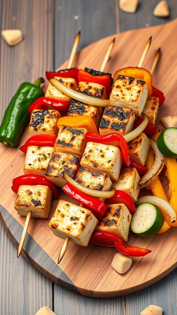 Grilled Mahi Mahi skewers with bell peppers and onions on a wooden platter.