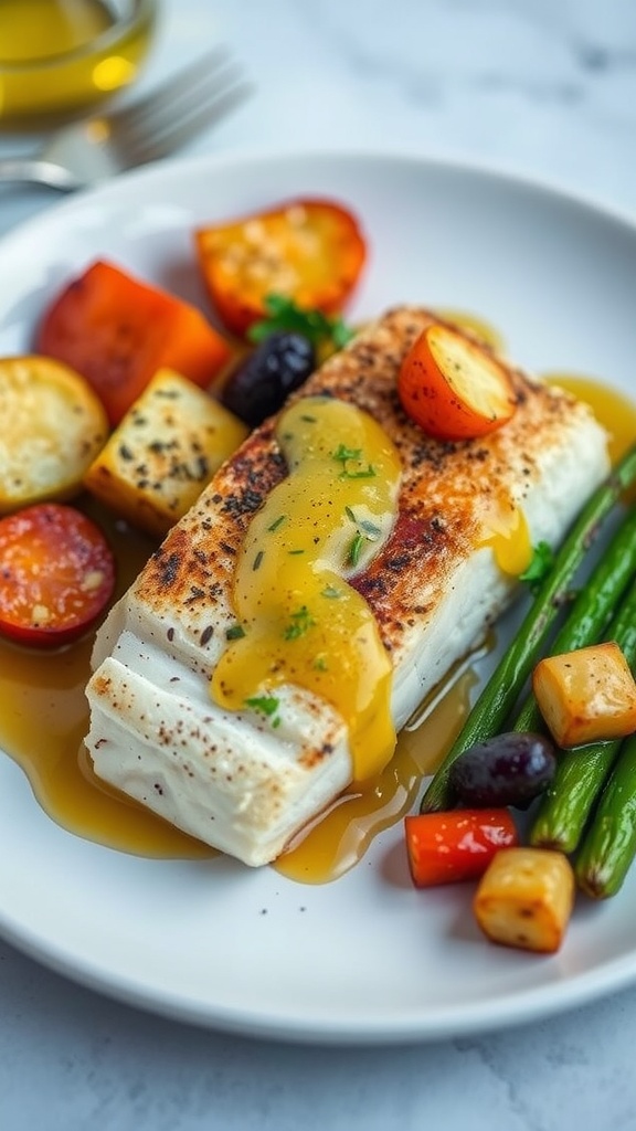 A dish of honey mustard baked cod with roasted vegetables on the side.