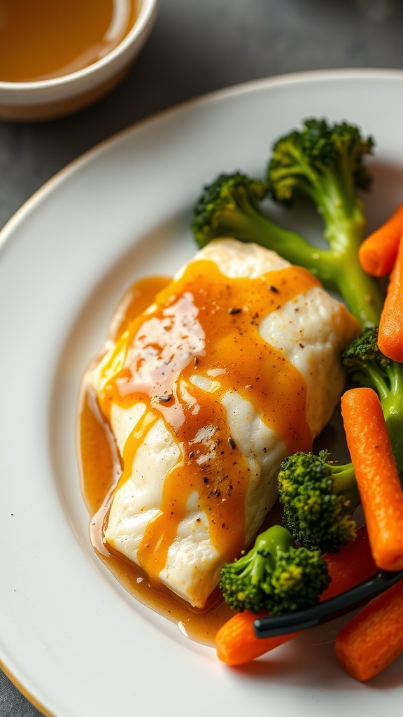 A plate of honey mustard baked tilapia served with broccoli and carrots.