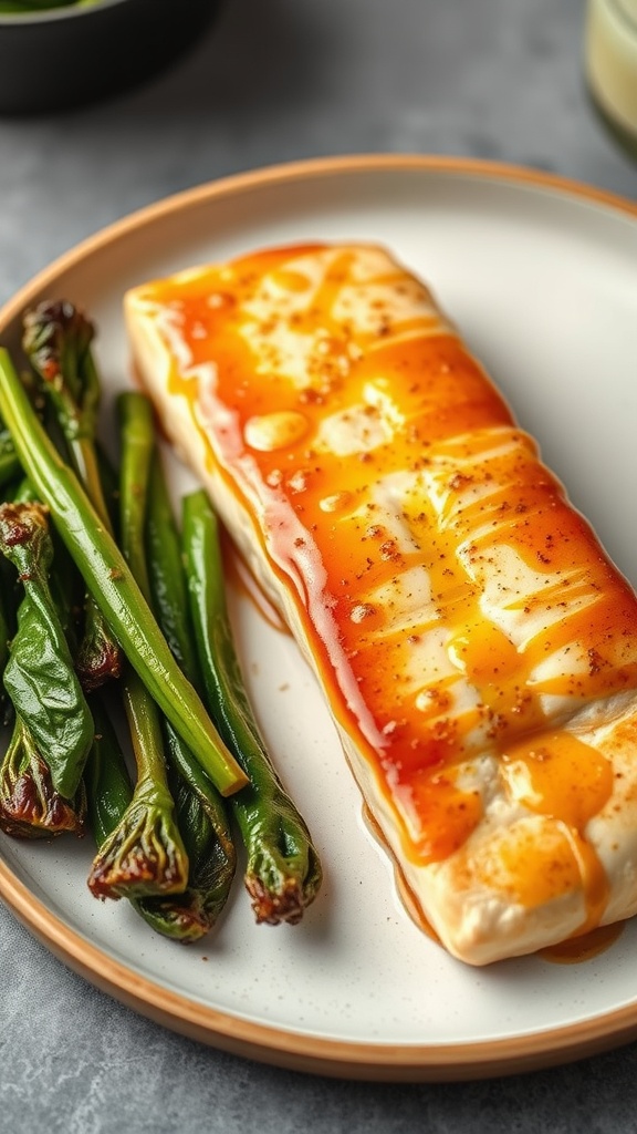 Honey mustard glazed catfish on a plate with green vegetables
