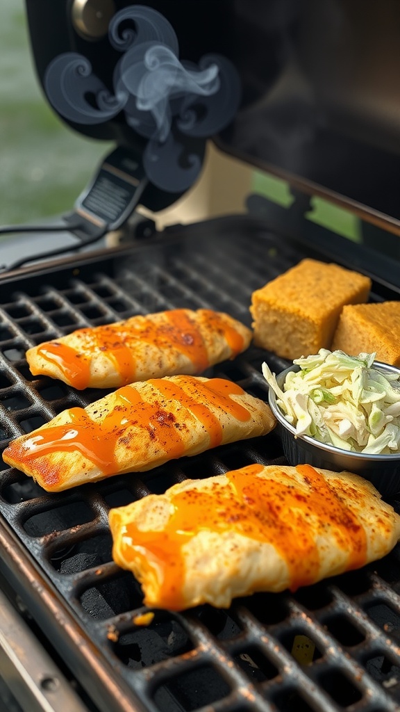 Grilled catfish with honey mustard glaze served with cornbread and coleslaw.