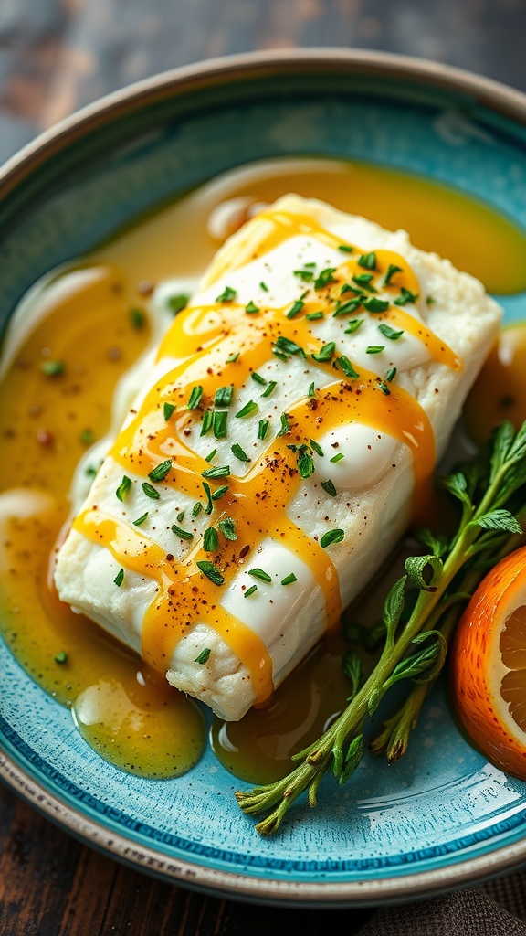 Delicious honey mustard glazed cod fillet served with herbs and sauce.