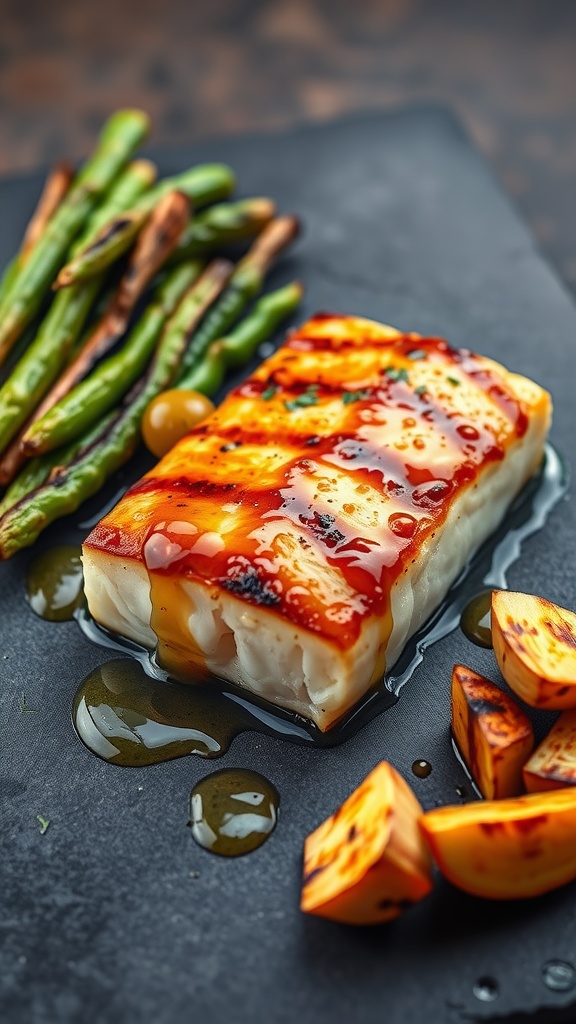 Honey mustard glazed grilled halibut with vegetables