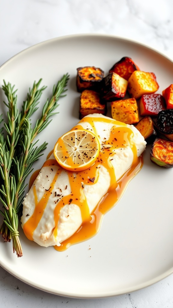 Honey mustard glazed halibut with lemon and grilled vegetables