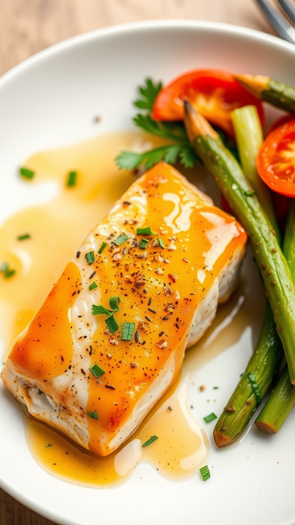 A delicious honey mustard glazed salmon fillet served with green vegetables.