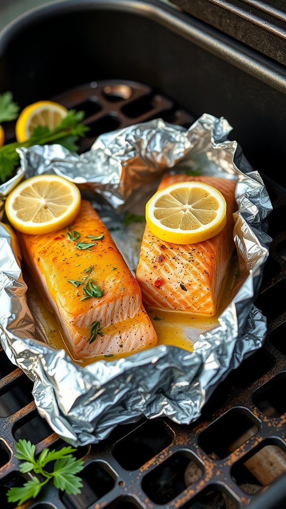 Honey mustard salmon fillets in foil with lemon slices