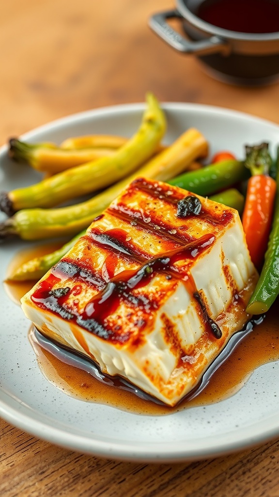 Delicious honey soy grilled cod on a plate with vegetables.