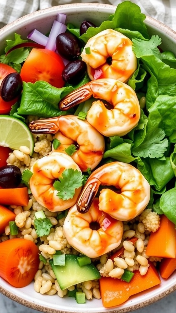 Honey soy grilled shrimp bowls with fresh vegetables and grains.