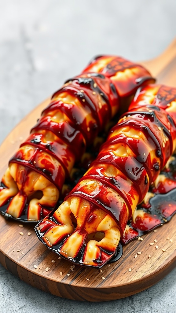 Grilled lobster tails coated in honey soy marinade on a wooden platter.