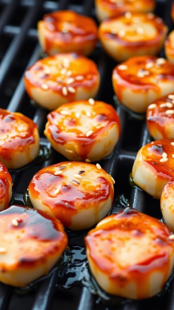 Delicious honey sriracha glazed scallops on a grill.
