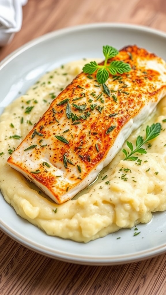 Italian Herb Catfish with Polenta served on a plate