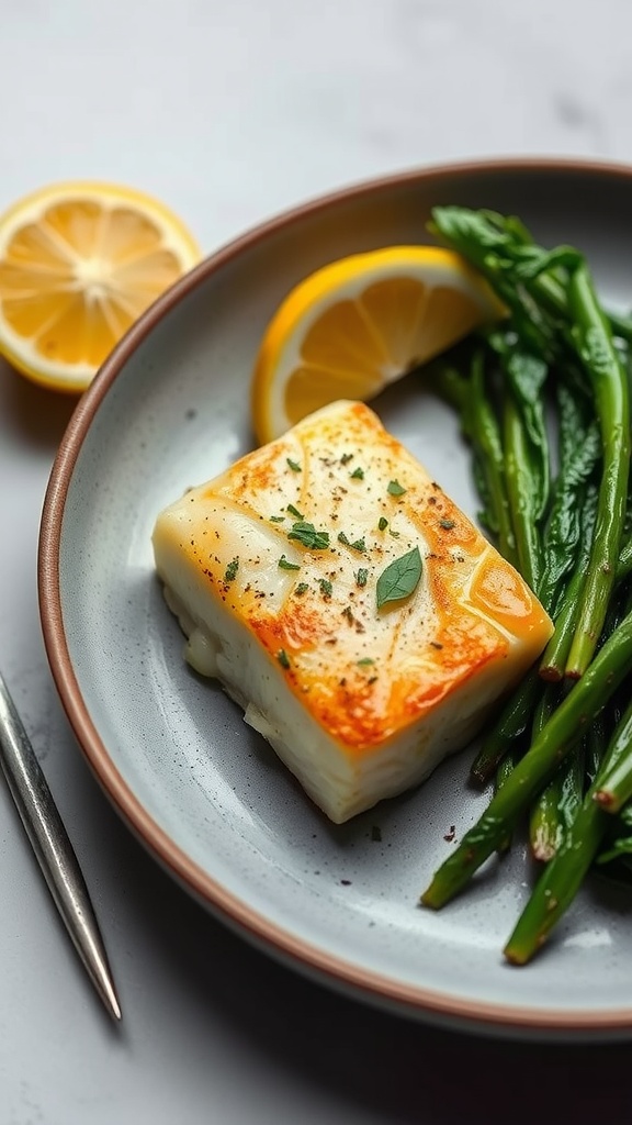 Plate of Lemon-Dijon Pan-Seared Cod with green vegetables