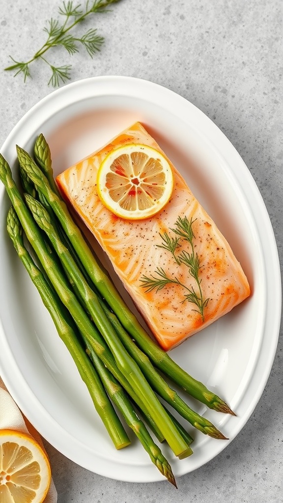 Salmon fillet with lemon slices and asparagus on a white plate