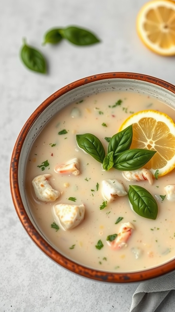A bowl of Lemon Basil Crab Chowder with lemon slices and fresh basil leaves.