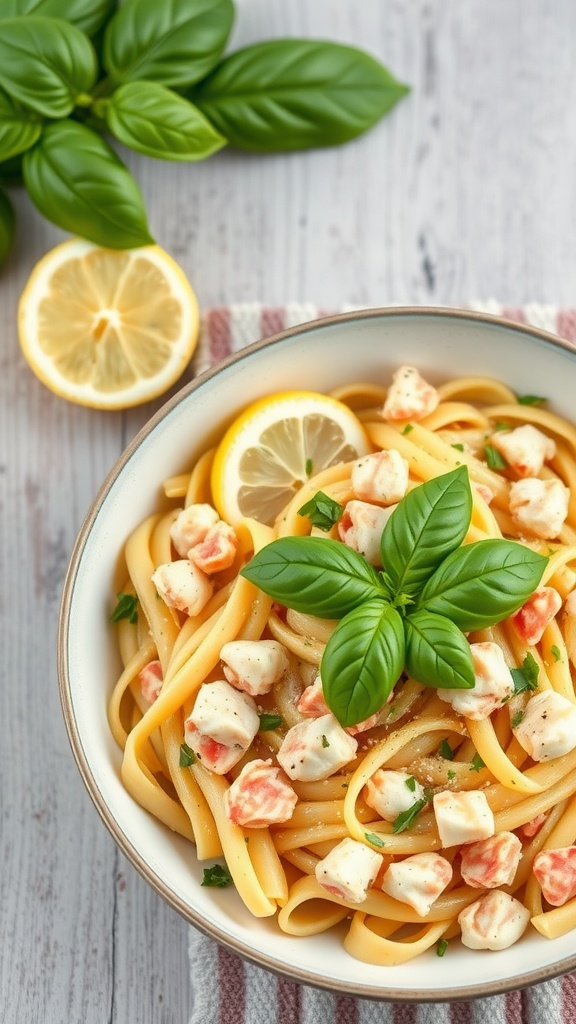 A bowl of lemon basil crab penne with fresh basil and lemon slices.