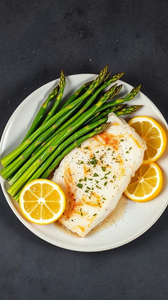 Lemon Butter Catfish with Asparagus served with sliced lemons