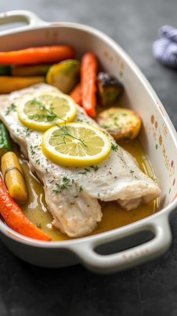 Lemon Dill Baked Barramundi served with fresh vegetables.