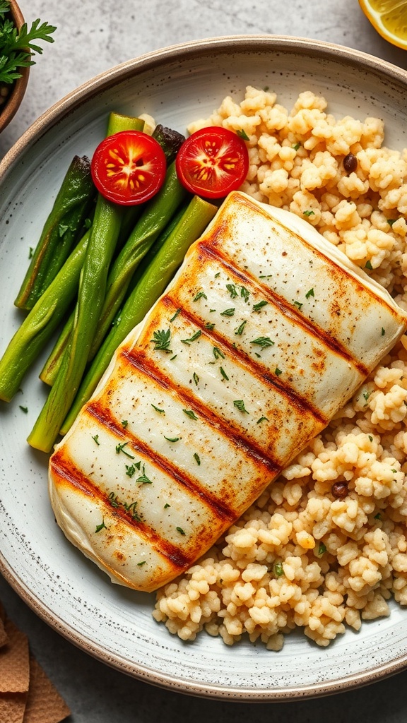 Plate of grilled tilapia with couscous and green beans
