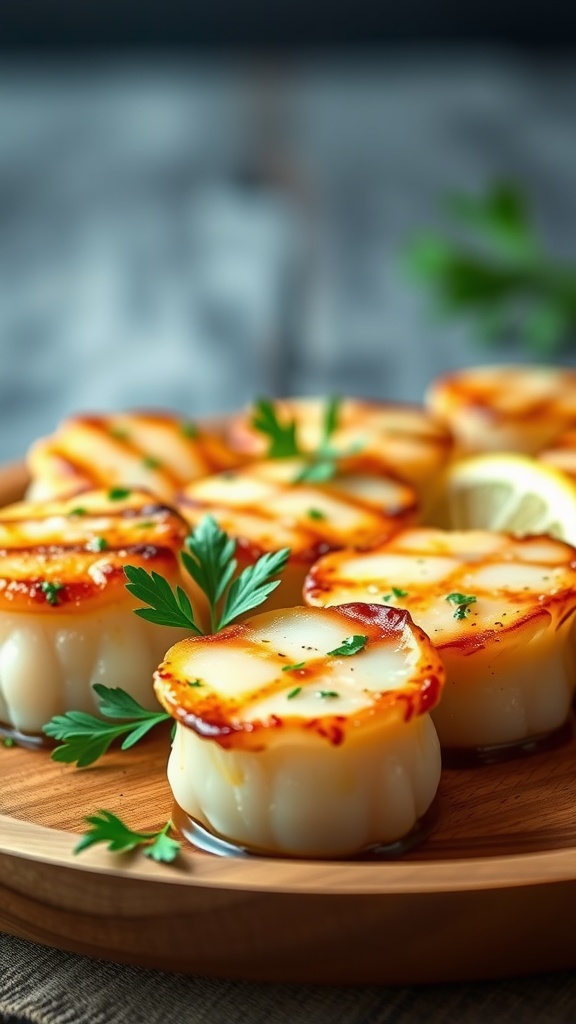 Grilled scallops garnished with parsley and lemon