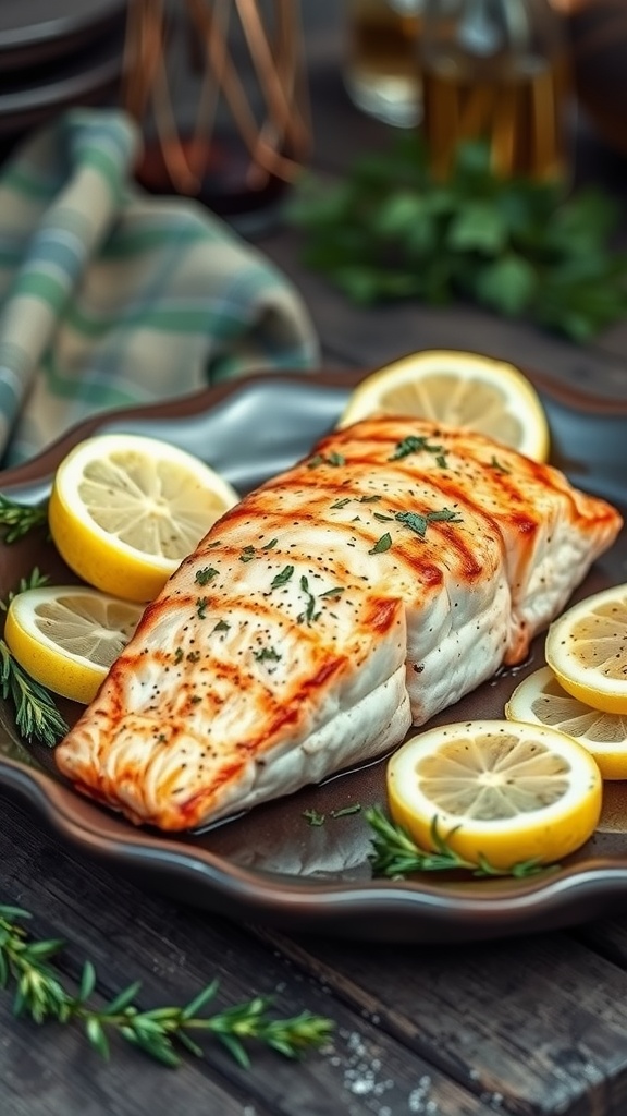 Grilled salmon with lemon slices and herbs on a serving platter.