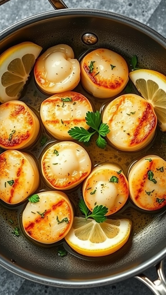 A skillet filled with pan-seared scallops garnished with lemon and parsley.