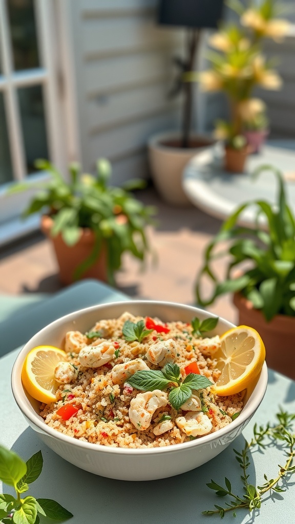 A bowl of Lemon Garlic Crab and Quinoa Salad garnished with lemon slices and fresh herbs.