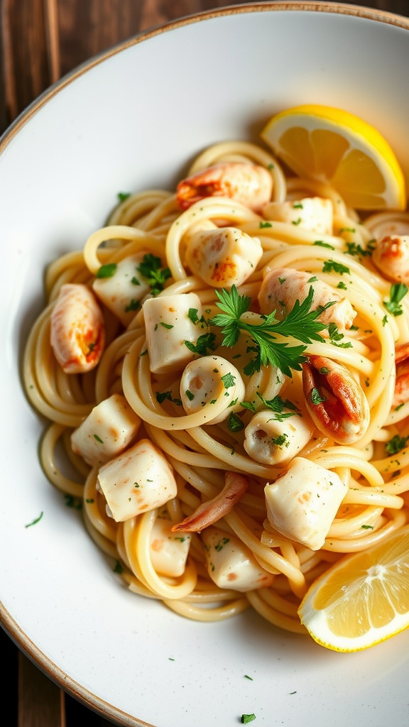 A bowl of Lemon Garlic Crab Pasta garnished with parsley and lemon slices.