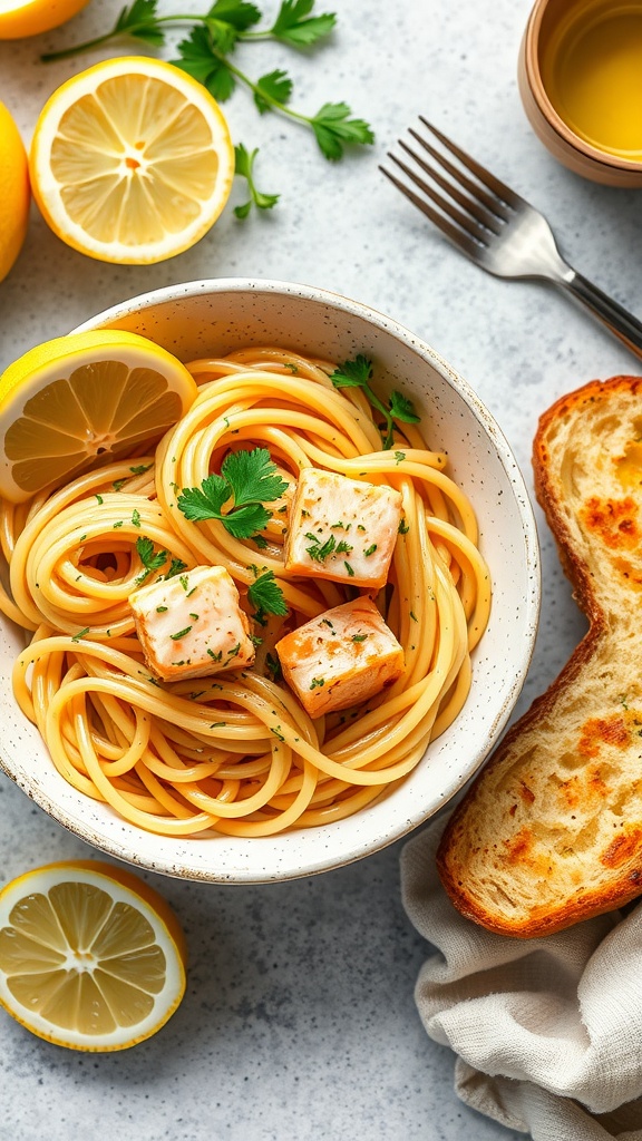 A bowl of lemon garlic salmon pasta with fresh herbs and lemon slices.