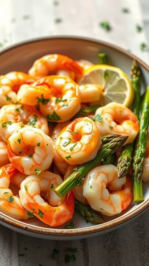 A plate of Lemon Garlic Shrimp with asparagus, garnished with lemon and parsley.